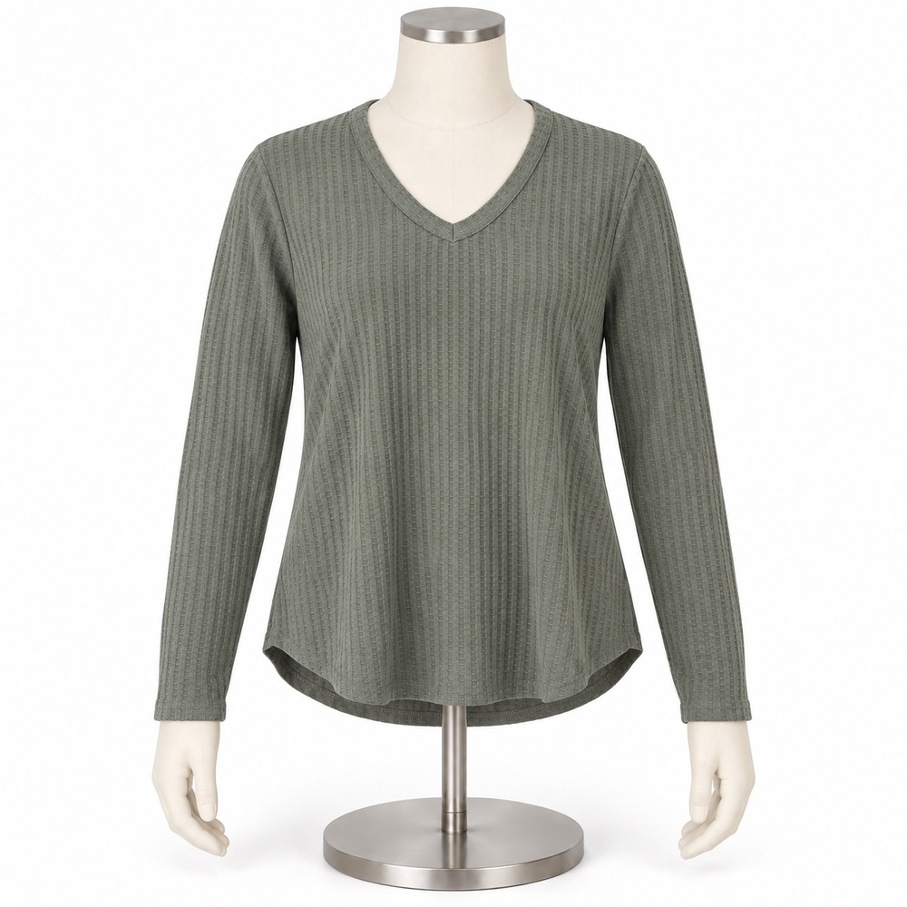Chaser Womens Olive Green Waffle Knit V-Neck Long Sleeve Thermal Top S 1640981